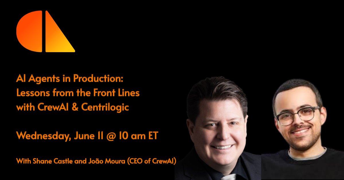 ObjectSharp's tweet image. Join us on June 11 for “AI Agents in Production” webinar with CrewAI & Centrilogic.
Featuring Shane Castle & João Moura, CEO of CrewAI.
Don’t miss insights from the front lines of enterprise AI!
Register today! events.teams.microsoft.com/event/94142f0d…
#AI #CrewAI #AgenticAI