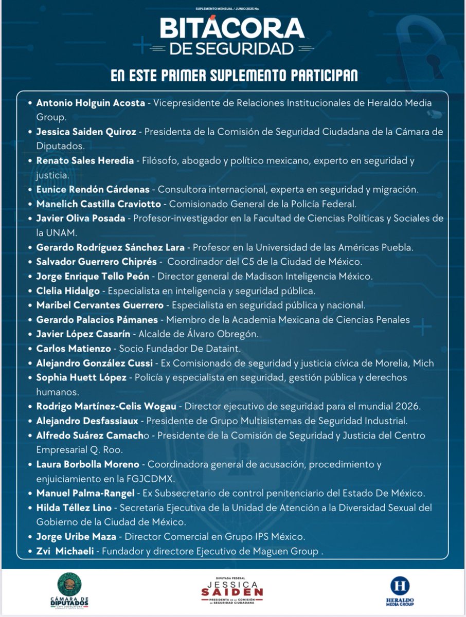 Hoy estaremos presentando la revista Bitácora de Seguridad 📘 <a href="/heraldodemexico/">El Heraldo de México</a>, un espacio clave para dialogar sobre #seguridad, inteligencia y #prevención del delito 🧠

Tendré el honor de participar como coordinadora de la revista junto a:
👩‍⚖️ Diputada <a href="/JessiSaiden/">Jessica Saiden Quiroz</a> 
🗞️