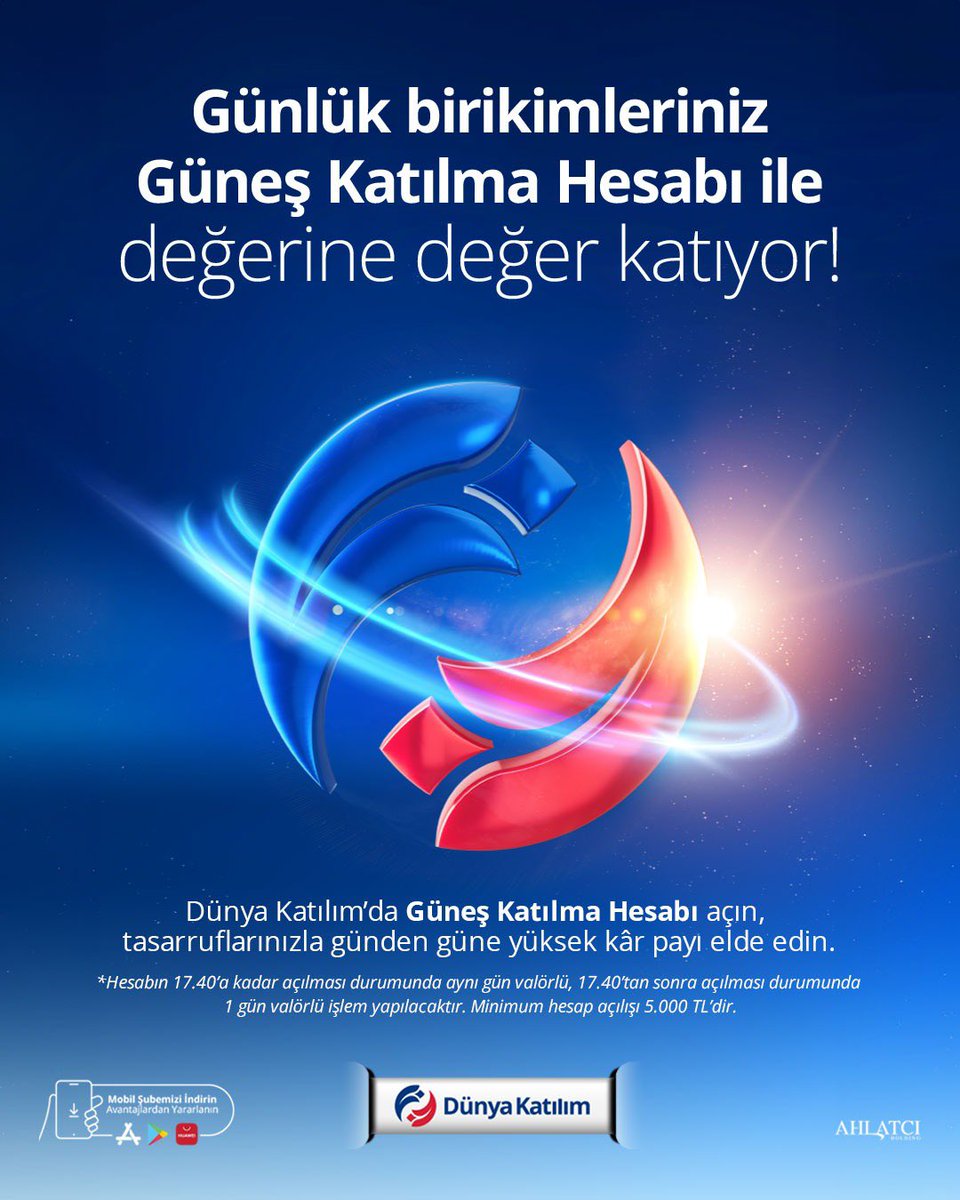 Tasarruflarınızı değerlendirmenin en parlak yolu!
Güneş Katılma Hesabı ile kazancınız her geçen gün artsın.
Hesabınızı 17.40’a kadar açarsanız aynı gün valörlü işlem avantajından faydalanabilirsiniz.

#DünyaKatılım #KatılımBankacılığı
