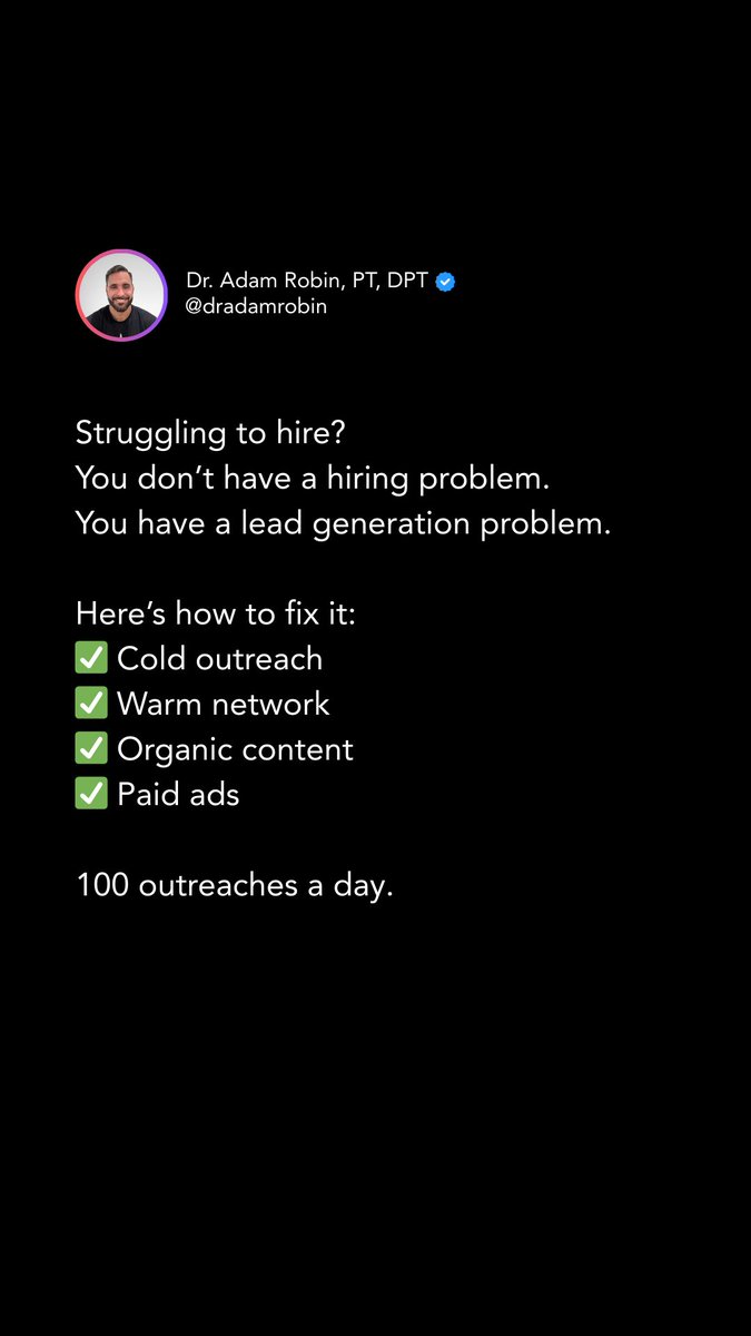 Struggling to hire?
It’s not your interview—it’s your pipeline.

Fix it fast:
✅ Cold &amp; warm outreach
✅ Show off your culture
✅ Run ads

Then do this:
💥 100 outreach attempts
💥 Every day
💥 For 100 days

DM “HIRING” for the full system.