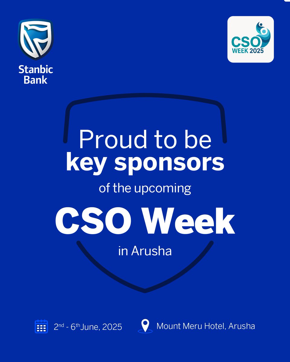 We’re proud to be key sponsors of CSO Week 2025, happening in Arusha this June.

At Stanbic Bank, we believe in the power of collaboration with civil society to drive sustainable development and economic growth.

📅 2nd–6th June, 2025
📍 Mount Meru Hotel, Arusha

Tanzania is our