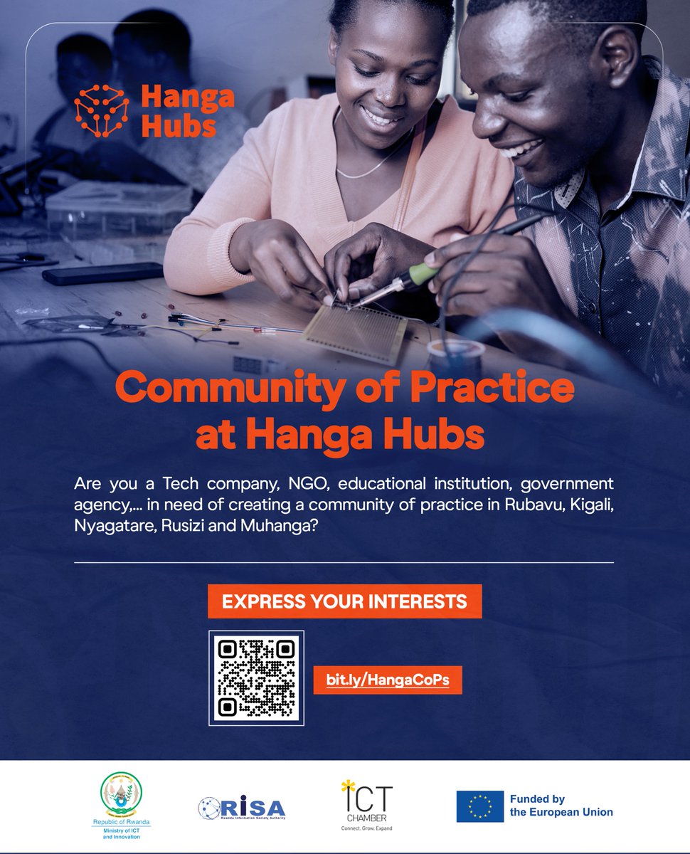 rwictchamber's tweet photo. #Opportunity #ExpressYourInterests
You can now initiate a #CommunityofPractice at @HangaHubs. The CoP refers to a group of individuals, professionals or enthusiasts, who share a common interest in technology and innovation, and come together to learn, collaborate, and grow their expertise.
Are you a tech company, NGO, educational institution, government agency... and you want to initiate a community of practice at #HangaHubs in @RubavuDistrict, @NyagatareDistr, @RusiziDistrict and @Muhangadis? Express your interests via> https://t.co/PusEd2WjRh