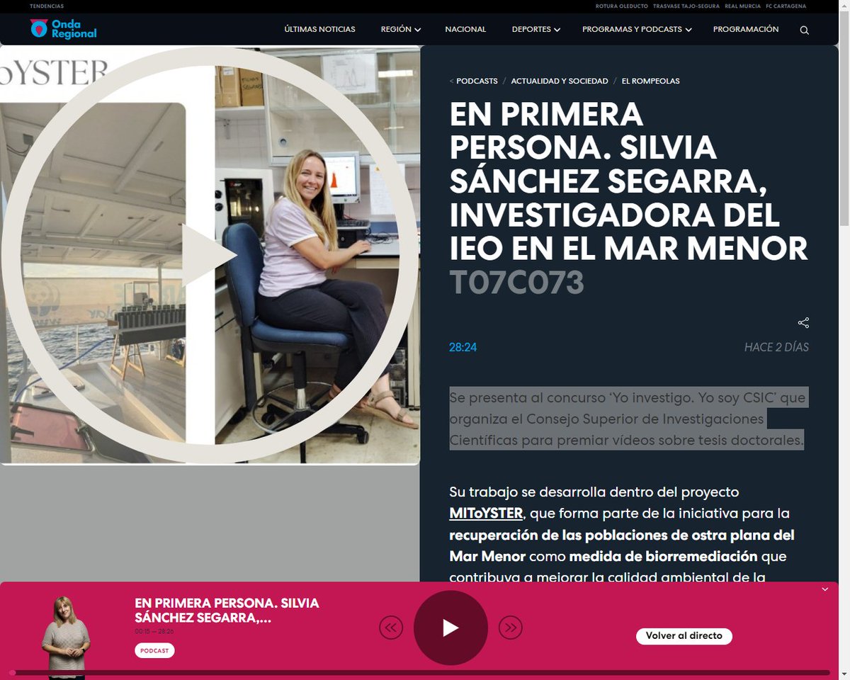 Oceanicas_IEO's tweet photo. Nuestra #OceánicadeHoy Silvia Sánchez de @ieo_murcia se presenta al concurso ‘Yo investigo. Yo soy CSIC’ que organiza @CSIC para premiar vídeos sobre tesis doctorales.
📻 Escucha el podcast #EnPrimeraPersona sobre el proyecto #MIToYSTER 🦪 #MarMenor
https://t.co/dXgIDxyLKQ https://t.co/EuGyiRyCT2