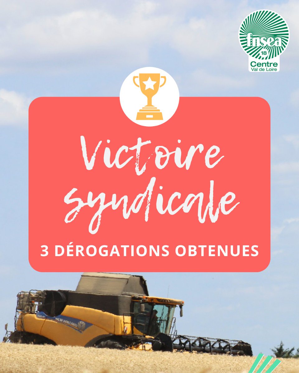 🎯 Victoire syndicale pr les agris du #Cher !

Grâce à l’action déterminée de la <a href="/fnsea18/">FNSEA 18</a>, 3 #dérogations essentielles ont été obtenues pour 2025, permettant aux exploitants agricoles de faire face aux pics d’activité lors des récoltes et #semis (céréales, viti et arbo)