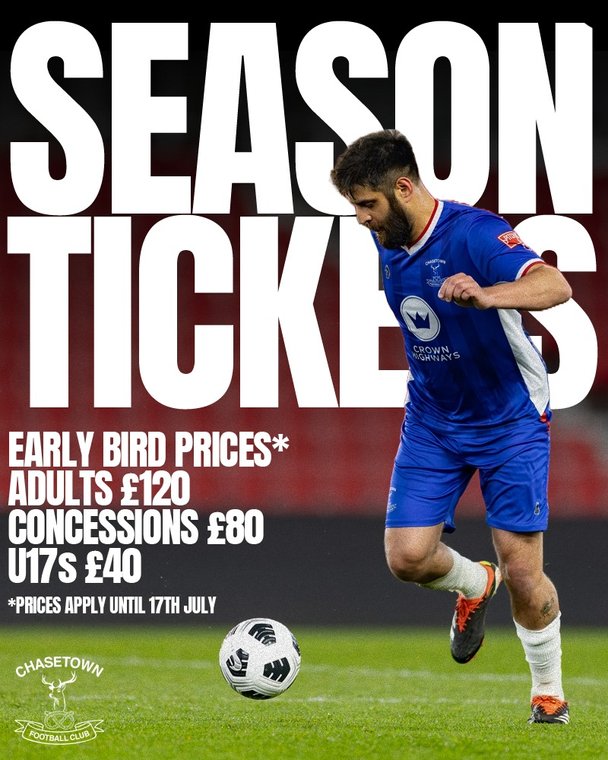 2025/26 Season Tickets – EARLY BIRD OFFER NOW AVAILABLE - 

CLICK THE LINK FOR MORE INFO
pitchero.com/clubs/chasetow…