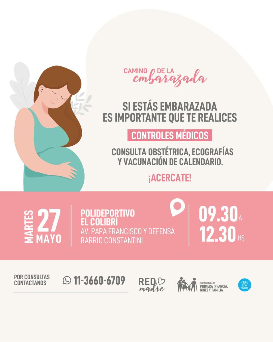 El martes 27 de mayo realizaremos un nuevo operativo de Camino de la Embarazada en Barrio Constantini, para que quienes lo necesiten puedan realizarse los controles debidos🤰
Mirá los detalles del operativo en la foto