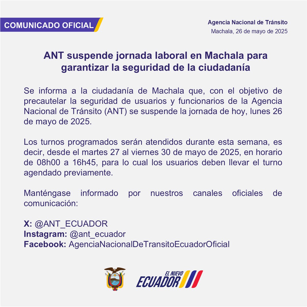 #COMUNICADO | La ANT informa a la ciudadanía.

#ANTEnAcción
#ElNuevoEcuador