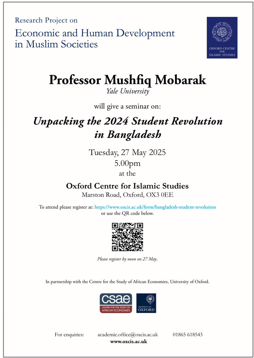 Professor Mushfiq Mobarak speaking tomorrow at OCIS. Please attend if you are in Oxford.