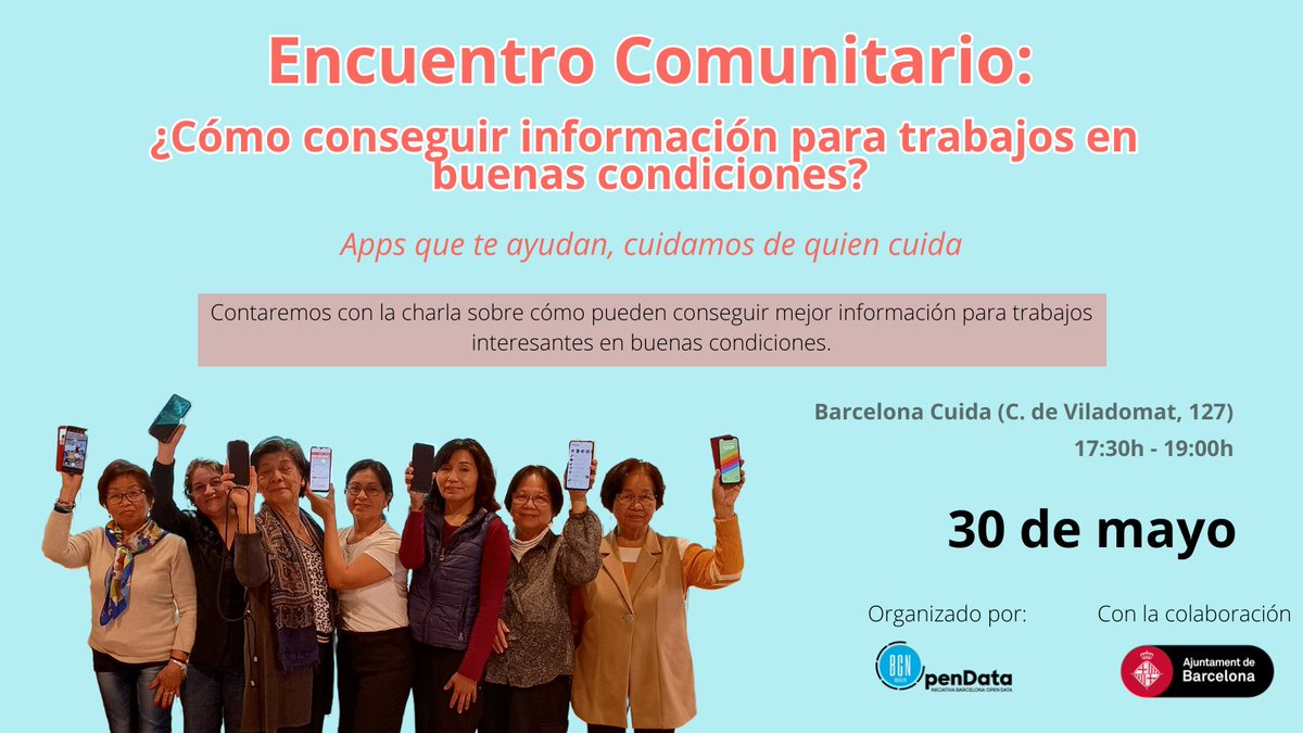 Iopendatabcn (@iopendatabcn) on Twitter photo 📢 Cuidamos de quien cuida
El 30/5 organizamos desde <a href="/iopendatabcn/">Iopendatabcn</a> un nuevo encuentro del proyecto #iCuida💜
Sesión para trabajadoras del hogar y los cuidados:
🔎 Mejora de oportunidades laborales
🤝 Red de apoyo
🍪 Merienda comunitaria
👉 bit.ly/iCuida_305 #AppsQueTeAyudan 📢 Cuidamos de quien cuida
El 30/5 organizamos desde <a href="/iopendatabcn/">Iopendatabcn</a> un nuevo encuentro del proyecto #iCuida💜
Sesión para trabajadoras del hogar y los cuidados:
🔎 Mejora de oportunidades laborales
🤝 Red de apoyo
🍪 Merienda comunitaria
👉 bit.ly/iCuida_305 #AppsQueTeAyudan
