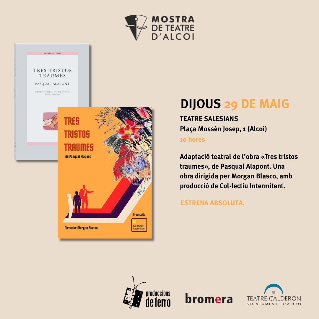Comença la Mostra de Teatre d'Acoi! I des de Bromera celebrem la presència de les nostres històries en tres de les representacions que tindran lloc al llarg d'aquesta setmana.

🎭No et pots perdre la gran festa del teatre!