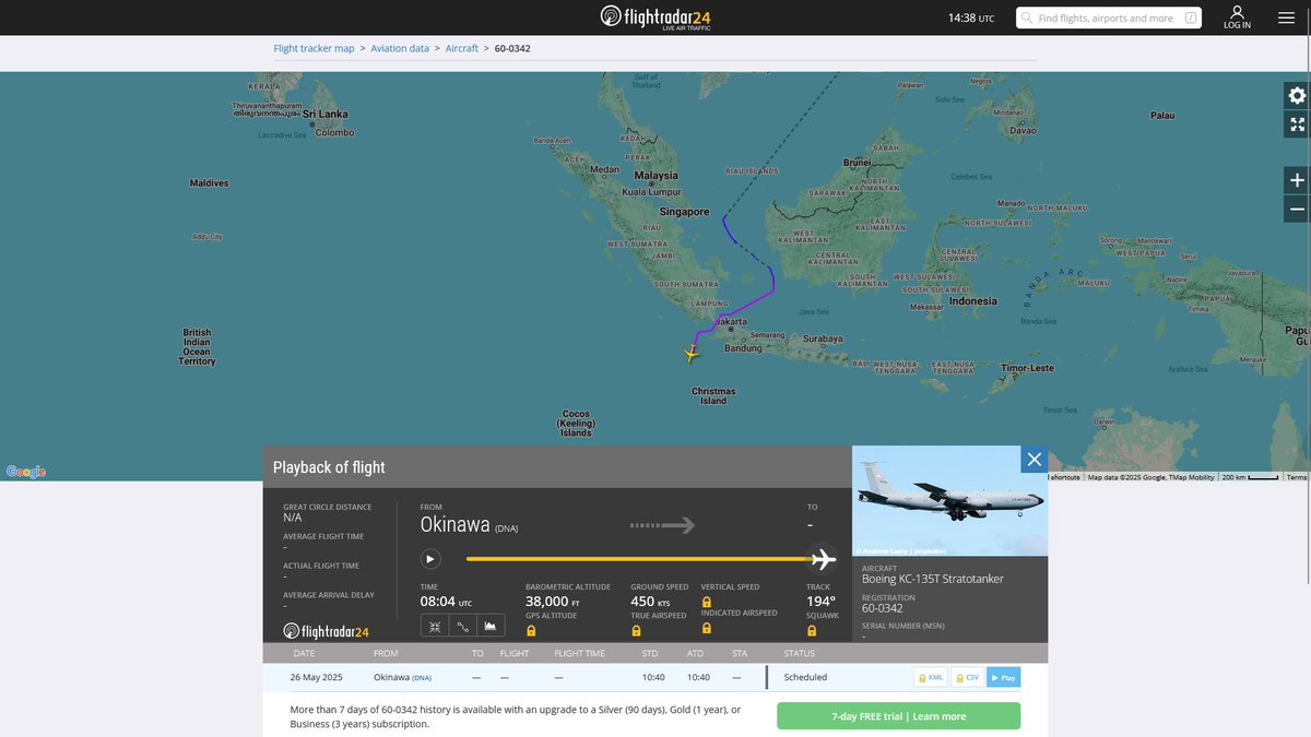 AIYeyENGDdJkjTr's tweet photo. May 26, 2025
#Okinawa Kadena Air Base ==>

#NoCALLSIGN #AE0425 USAF KC-135T Stratotanker

#NoCALLSIGN #AE059F USAF KC-135R Stratotanker 
#NoCALLSIGN #AE0681 USAF KC-135R Stratotanker 
#NoCALLSIGN #AE0141 USAF KC-135T Stratotanker https://t.co/SIvfNmVWDE