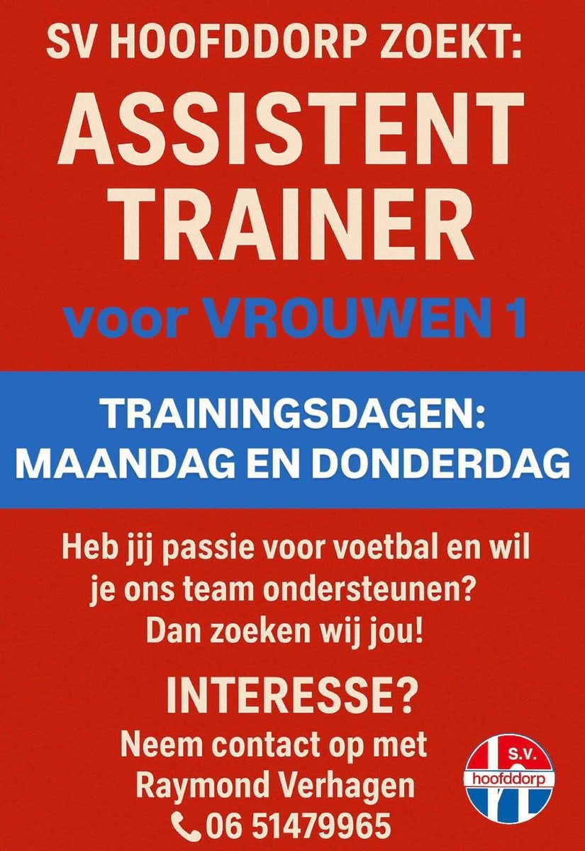 S.V. Hoofddorp (@svhoofddorp) on Twitter photo Ons selectieteam Vrouwen1 zoekt een assistent trainer. Voor meer info zie de graphic #hoofddorp #vrouwenvoetbal <a href="/vvnieuwsnl/">Vrouwenvoetbalnieuws.nl</a> Ons selectieteam Vrouwen1 zoekt een assistent trainer. Voor meer info zie de graphic #hoofddorp #vrouwenvoetbal <a href="/vvnieuwsnl/">Vrouwenvoetbalnieuws.nl</a>