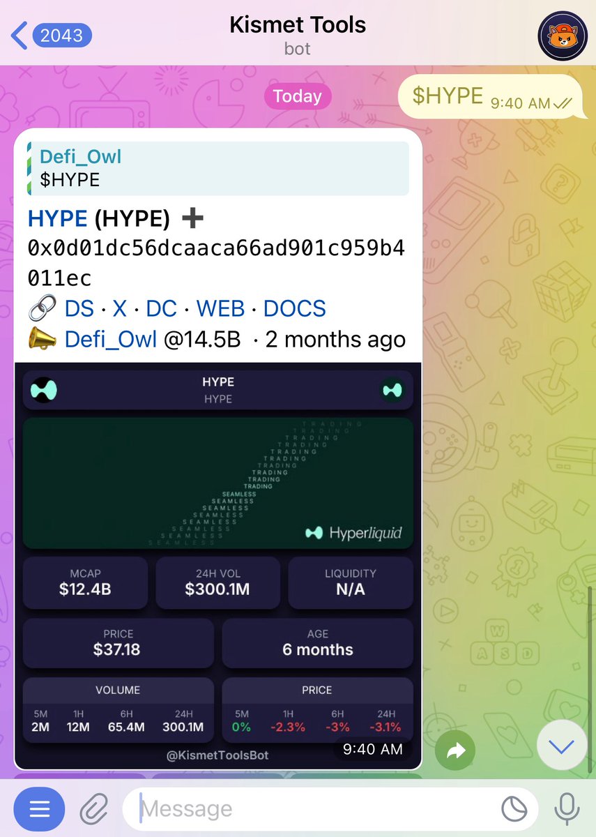 KismetTools's tweet photo. Use https://t.co/l7KNtaZ7kZ to track chart and trade tokens directly in telegram! 

#Telegram #Telegramtips $HYPE #Solana https://t.co/FvulTLJkvl