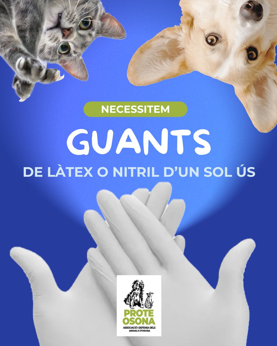 Necessitem GUANTS DE LÀTEX i/o NITRIL d'un sol ús 🧤. És un element d'higiene i protecció indispensable per a la manipulació de 🐶🐱 de la protectora.

Us estarem agraïts si ens podeu ajudar jamb aquest material bàsic per al nostre dia a dia.

📩 infoproteosona@gmail.com