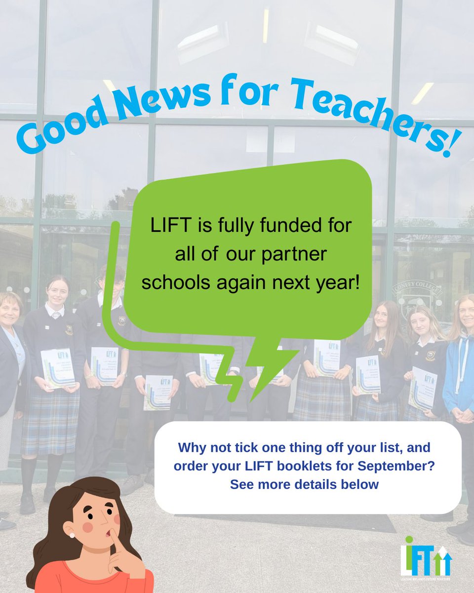 LIFT (@liftireland) on Twitter photo Calling all teachers.....
Help your future self and order your LIFT booklets for September using the form here! forms.office.com/pages/response…
If you need certs for your current LIFT students, please email Sarahlyn@liftireland.ie and we will get them to you in the next few days😊💙 Calling all teachers.....
Help your future self and order your LIFT booklets for September using the form here! forms.office.com/pages/response…
If you need certs for your current LIFT students, please email Sarahlyn@liftireland.ie and we will get them to you in the next few days😊💙