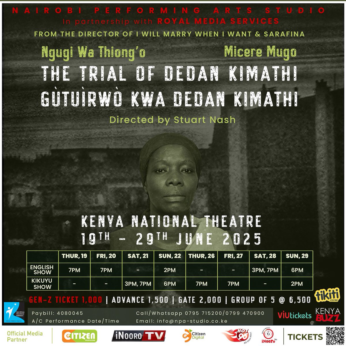 Ngugi wa Thiong’o and Micere Mugo’s THE TRIAL OF DEDAN KIMATHI hits the Kenya National Theatre, 19th–29th June 2025.

Performances in English and the world premiere of the Kikuyu version. 
kenyabuzz.com/events/event/t…

tikiti.co.ke/e/the-trial-of…

viutickets.viusasa.com/events/theatre…