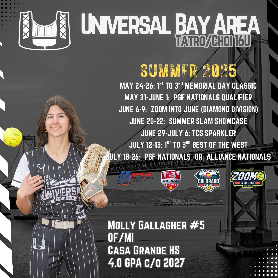 Here’s my summer schedule for Universal Bay Area Tatro/Choi 16u. I’m very excited for what’s to come this summer!