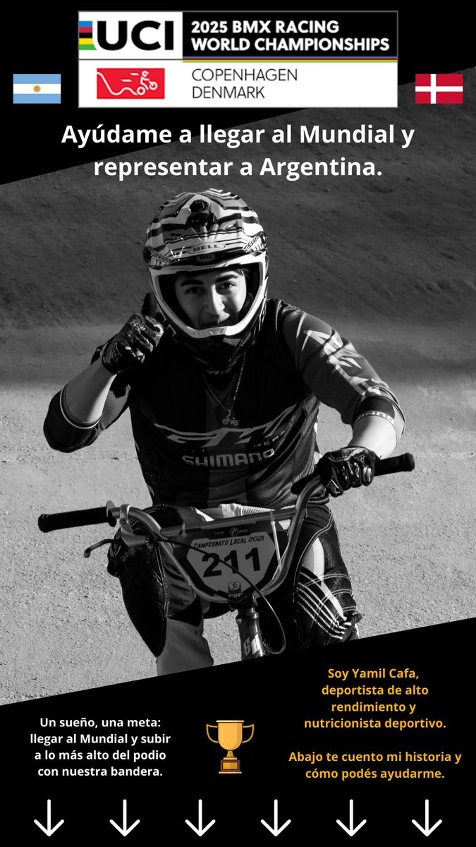 Cafa770's tweet photo. 🚨Ayúdame a cumplir un sueño: representar a 🇦🇷 en el Mundial de BMX en Dinamarca (26-31 de julio)
Soy Yamil Cafa, deportista argentino de alto rendimiento y nutricionista deportivo. Compito en BMX hace 20 años y entreno al máximo para dejar nuestra 🇦🇷en lo más alto del podio. https://t.co/eUoleTGQZW