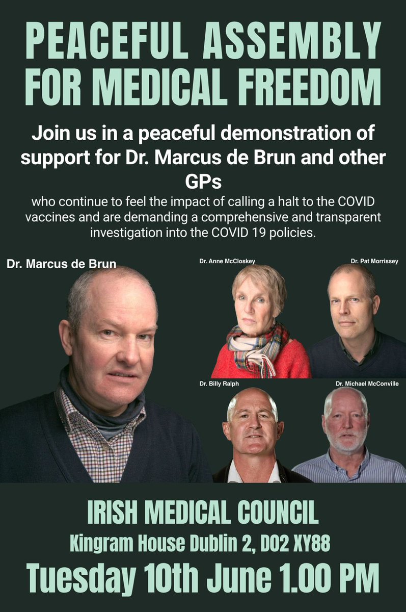 mullallyelaine's tweet photo. The government and media lied to get 94% of the Irish population to take the covid shots! 

Dr. Marcus de Brun @indepdubnrth will be at a peaceful assembly outside the Irish Medical Council on June 10th, many doctors and medical professionals will be there, I will be there, if you were affected by what happened in the nursing homes, or you are vaccine injured, please come along and support this assembly.