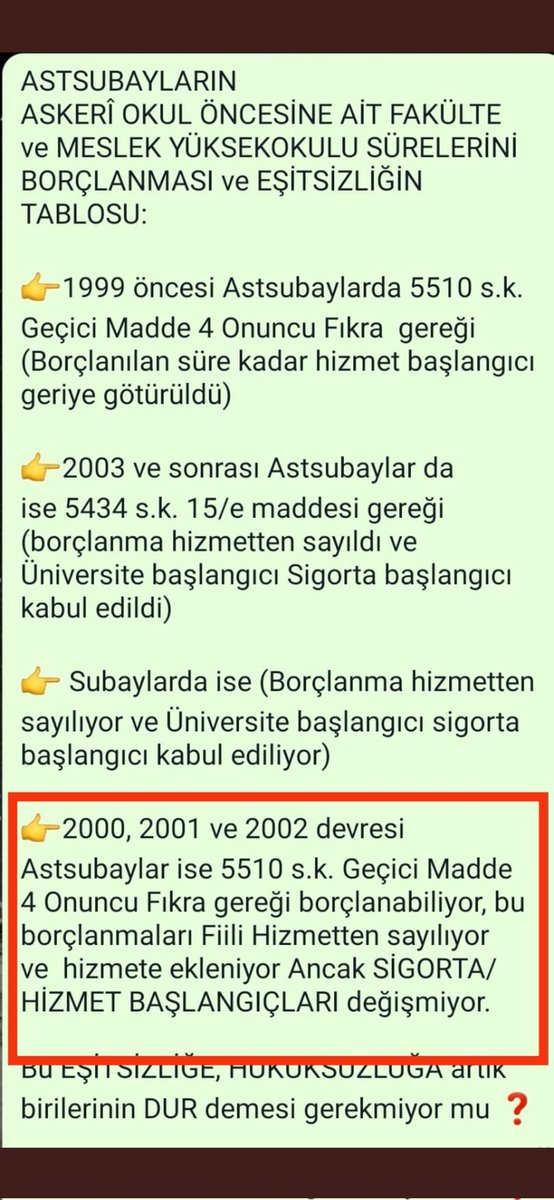 SİNAN KARAKOÇ (@sinankarakoc79) on Twitter photo <a href="/MuratBalSmmm/">Murat Bal</a> <a href="/ulketv/">ÜLKE TV</a> <a href="/mustafayildiztv/">M.Mustafa Yıldız</a> <a href="/gyavuzaslan74/">GÜNGÖR YAVUZASLAN</a> <a href="/kemalcicek06/">Mustafa Kemal ÇİÇEK</a> <a href="/cyhnbzkrt/">Ceyhun Bozkurt</a> <a href="/DrErayGUCLUER/">Dr.D.Eray Güçlüer</a> 2000, 2001 ve 2002 devresi Astsubaylar ve Polislerin Sivil Okul Borçlanmaları KDK'nın uygulanması yönündeki TAM TAVSİYE kararına rağmen SGK tarafından kabul edilmeyerek emeklilik yaşlarini etkilemiyor. 2025 yılında bu mağduriyetimiz çözülsün istiyoruz <a href="/MuratBalSmmm/">Murat Bal</a> <a href="/ulketv/">ÜLKE TV</a> <a href="/mustafayildiztv/">M.Mustafa Yıldız</a> <a href="/gyavuzaslan74/">GÜNGÖR YAVUZASLAN</a> <a href="/kemalcicek06/">Mustafa Kemal ÇİÇEK</a> <a href="/cyhnbzkrt/">Ceyhun Bozkurt</a> <a href="/DrErayGUCLUER/">Dr.D.Eray Güçlüer</a> 2000, 2001 ve 2002 devresi Astsubaylar ve Polislerin Sivil Okul Borçlanmaları KDK'nın uygulanması yönündeki TAM TAVSİYE kararına rağmen SGK tarafından kabul edilmeyerek emeklilik yaşlarini etkilemiyor. 2025 yılında bu mağduriyetimiz çözülsün istiyoruz