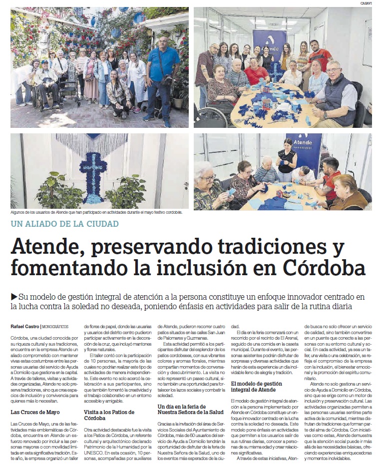 Nuestros usuarios y usuarias del SAD de Córdoba están viviendo un mes de mayo repleto de actividades:
  
🌸Visitas a los célebres "Patios". 
✝️Decoración Cruces de mayo.
💃Almuerzo en la caseta de <a href="/ayuncordoba_es/">Ayuntamiento Córdoba</a> en la feria de Nuestra Sra. de la Salud.  

¡Magnírica primavera!