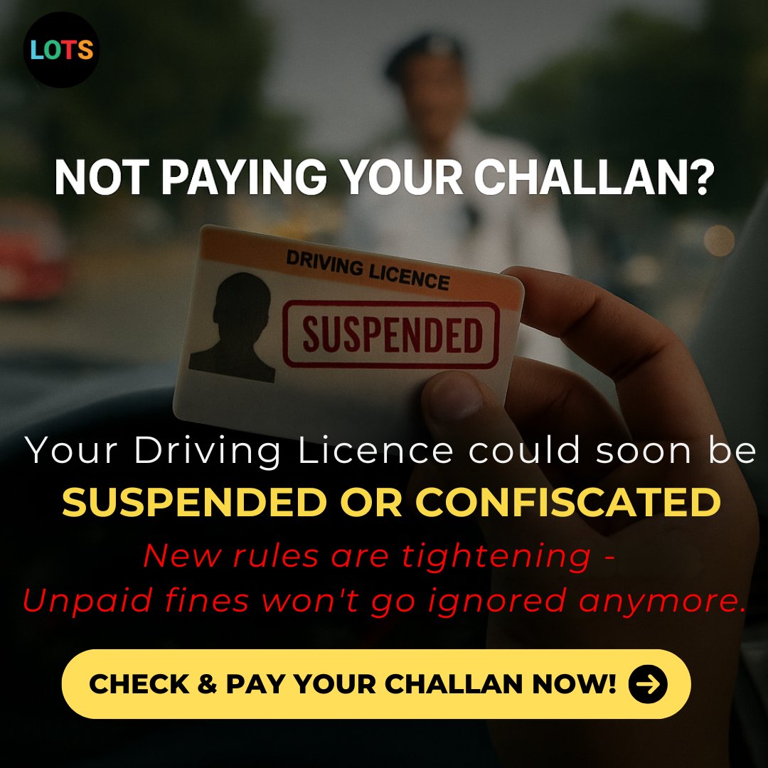 LOTS24X7's tweet photo. 🚨 Driving Licence Suspension Alert!
Under new draft rules, not paying your traffic e-challan could lead to DL suspension or even confiscation.
Don’t risk your licence
🔗 Check your challan now: https://t.co/Gpw0JJCLfD
#TrafficChallan #PayYourFine #LegalTech #DLRules https://t.co/9rkUt7Q5gj