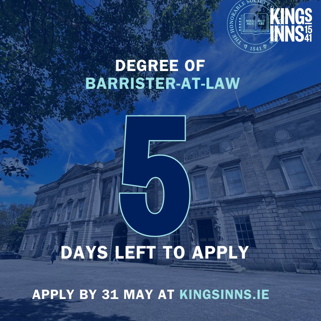 ⚖️ Only a few days left to apply for the Degree of Barrister-at-Law starting this September!

Don't miss out &amp; register now 👉 kingsinns.ie/courses/degree…

#barrister #barristeratlaw #kingsinns #applynow #law #legal