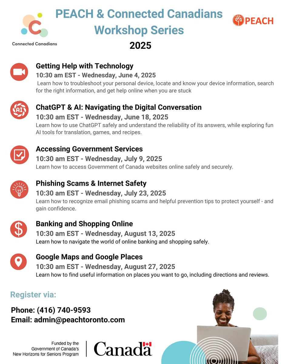 Calling all Seniors! We are excited to partner with Connected Canadians on a series of digital learning sessions, with technology mentors! This is FREE and starts on June 4th at PEACH! 127 Eddystone Ave. #SENIORS