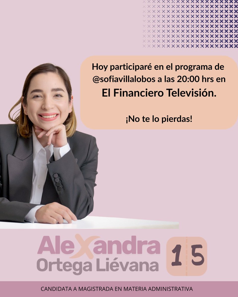 Hoy participaré en el programa de <a href="/SofiaVillalobos/">Sofía Villalobos</a> a las 20:00 Hrs. en <a href="/ElFinancieroTv/">El Financiero TV</a>. 

¡No te lo pierdas!

#15 #elecciones2025 #1dejunio #poderjudicial #reformajudicial #magistrados #magistrada #coyoacan #iztapalapa #alexandraortega #eleccionesjudiciales
