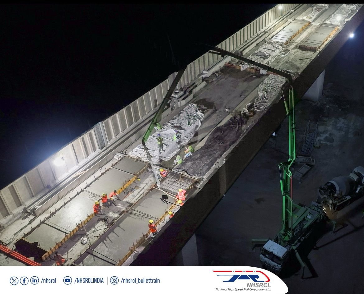 RC track bed construction underway on the viaduct as part of the Bullet Train project. Teams are working tirelessly day and night to accelerate progress and ensure timely completion.

#BuildingDayAndNight