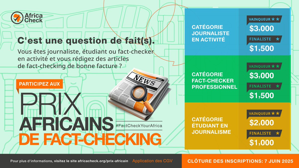 ⏳ La date butoir approche… Il reste moins de 2 semaines pour postuler aux Prix africains de fact-checking 2025.

Faites reconnaître votre travail et vos compétences en vérification des faits !

Candidatez ici : africacheck.info/Candidature

Plus d’infos  : africacheck.info/Prix_factcheck…