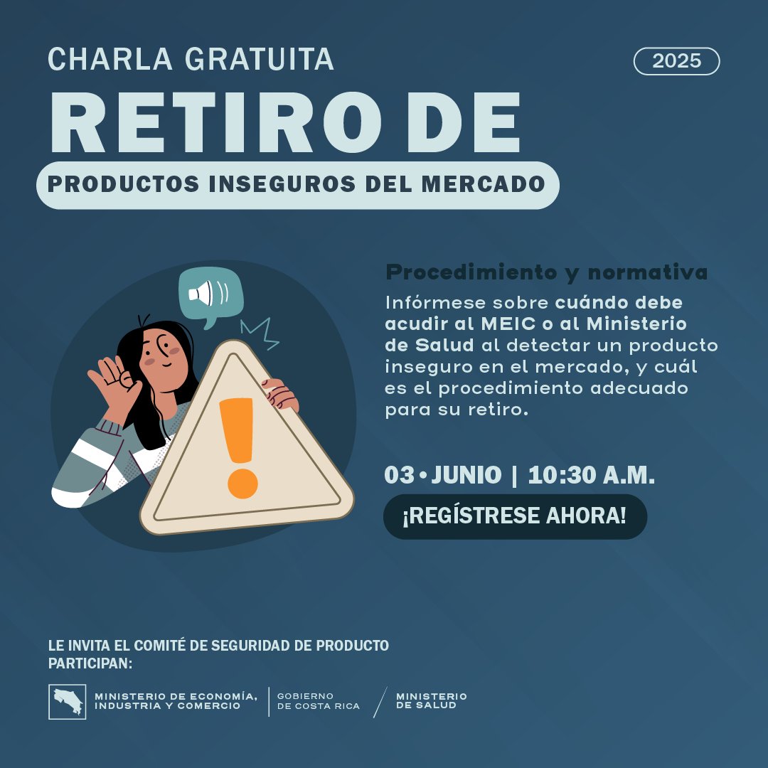 Charla gratuita sobre retiro de productos inseguros del mercado:
📅Fecha: martes 03 de junio de 2025
🕒 Hora: 10:30 AM
💻 Plataforma: Teams
👉 Enlace: bit.ly/3Z4Bv9o