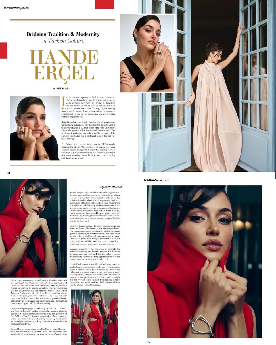 ✍🏻 Artículo de la revista MAGNAV de Londres: “Desde las aulas de Mimar Sinan hasta las alfombras rojas internacionales, #HandeErçel encarna el espíritu de un icono turco moderno. Arraigada en el patrimonio, creciendo con gracia - su historia es de belleza, fuerza y orgullo