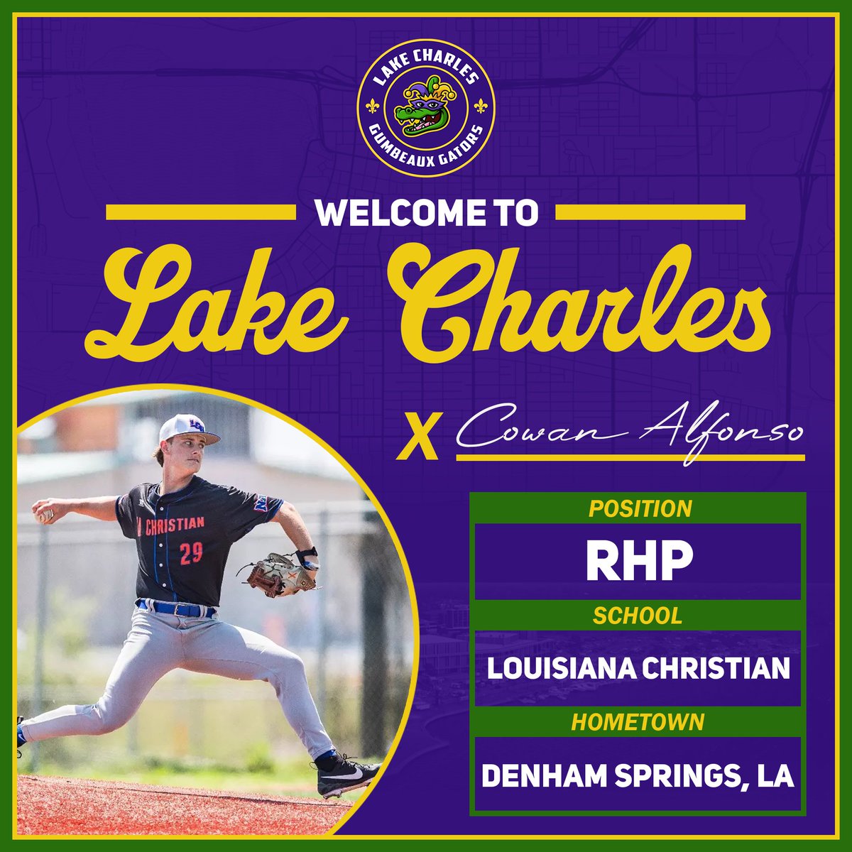 Welcome to Lake Charles, <a href="/CowanAlfonso/">Cowan Alfonso</a> ! 🐊⚾

Alfonso, a native of Denham Springs, is currently a right-handed pitcher for <a href="/LCU_bsb/">LCU Baseball</a> . He has appeared in 23 games for the Wildcats this season, tossing 24.1 innings, with 24 strikeouts and 5 saves.

#geauxgators
