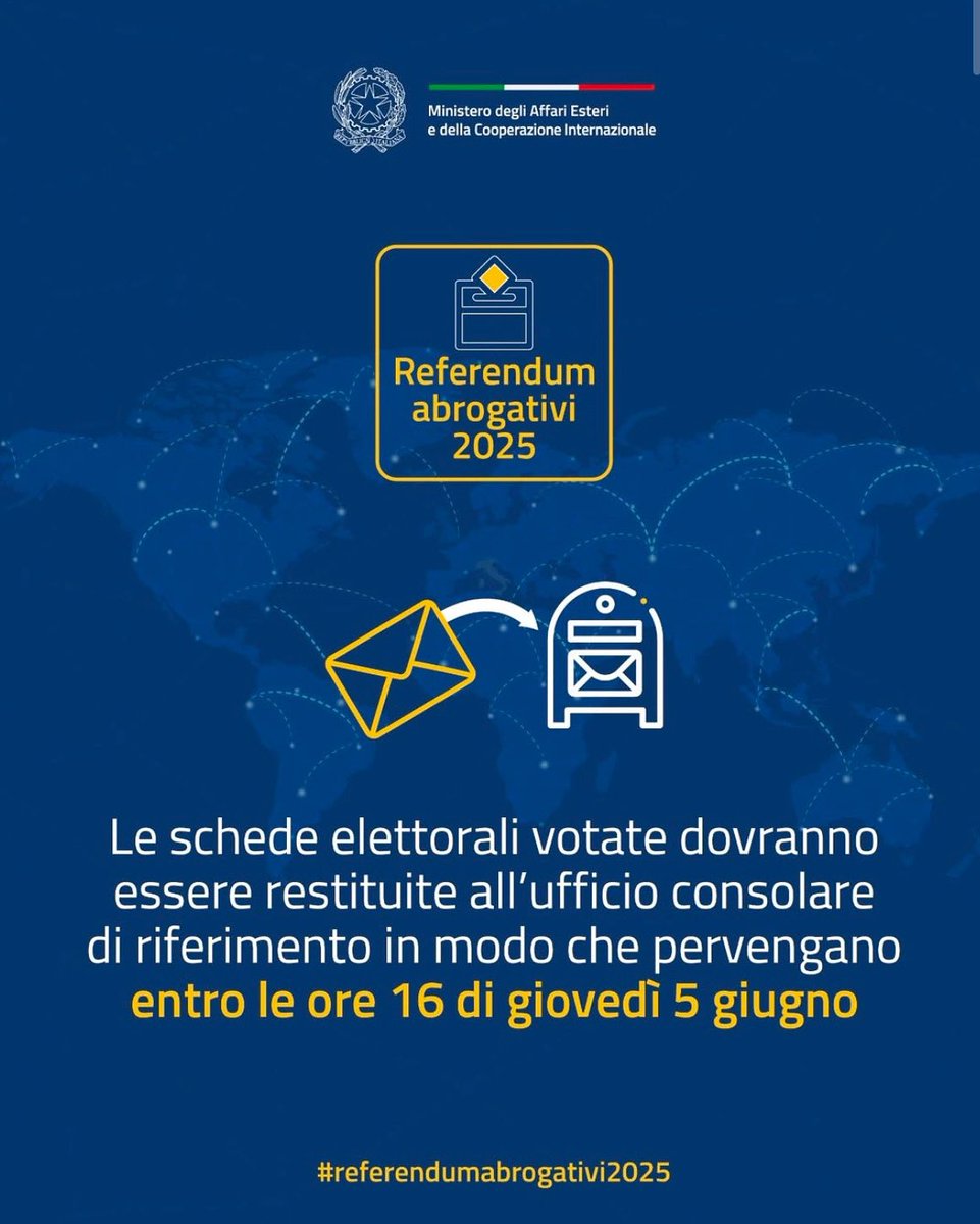🗳️ #Referendumabrogativi2025 
❗La busta preaffrancata contenente le schede elettorali dovrà pervenire all’Ambasciata entro le ore 16 di giovedì 5 giugno. Nel foglio illustrativo che troverai nella busta ci sono tutte le indicazioni per votare e restituire le schede.