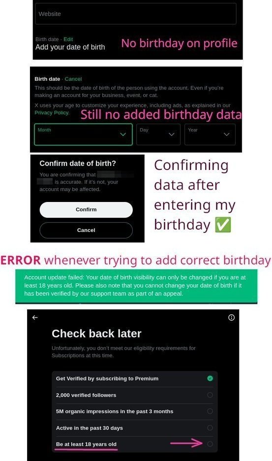 Starduster (@digitronex) on Twitter photo Sometime around migration from Twitter to X, affected users stop being able to add birthday, which is currently not present/visible on their profile
cc: <a href="/XEng/">Engineering</a> Sometime around migration from Twitter to X, affected users stop being able to add birthday, which is currently not present/visible on their profile
cc: <a href="/XEng/">Engineering</a>