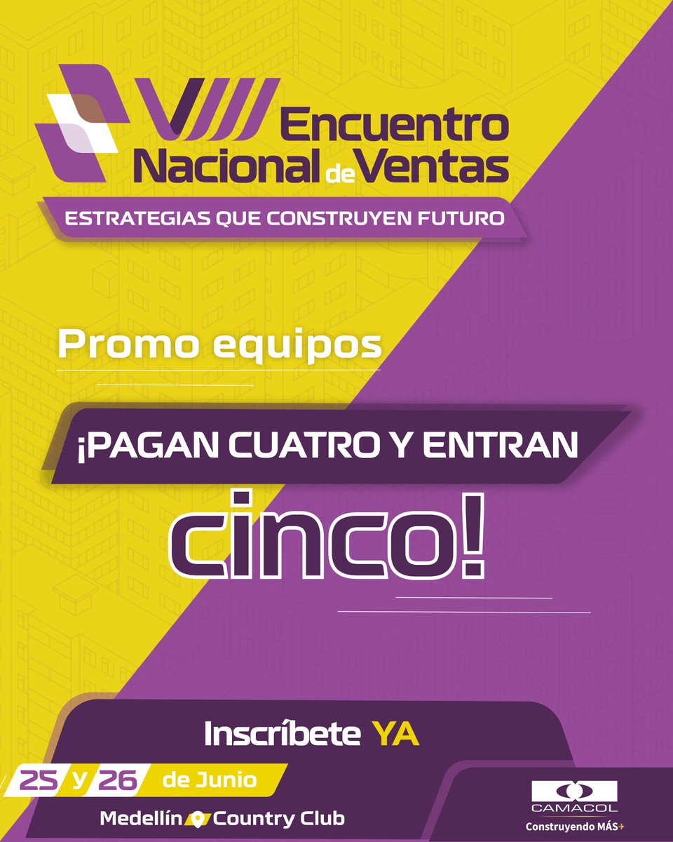 🚀 ¡Lleva a tu equipo al siguiente nivel!

En el #EncuentroNacionalDeVentas2025, los equipos ganan más:

👉 Pagan 4 y asisten 5
Una oportunidad única para aprender, inspirarse y fortalecer su estrategia comercial con los mejores expertos del sector.

📍 Medellín | 25 y 26 de