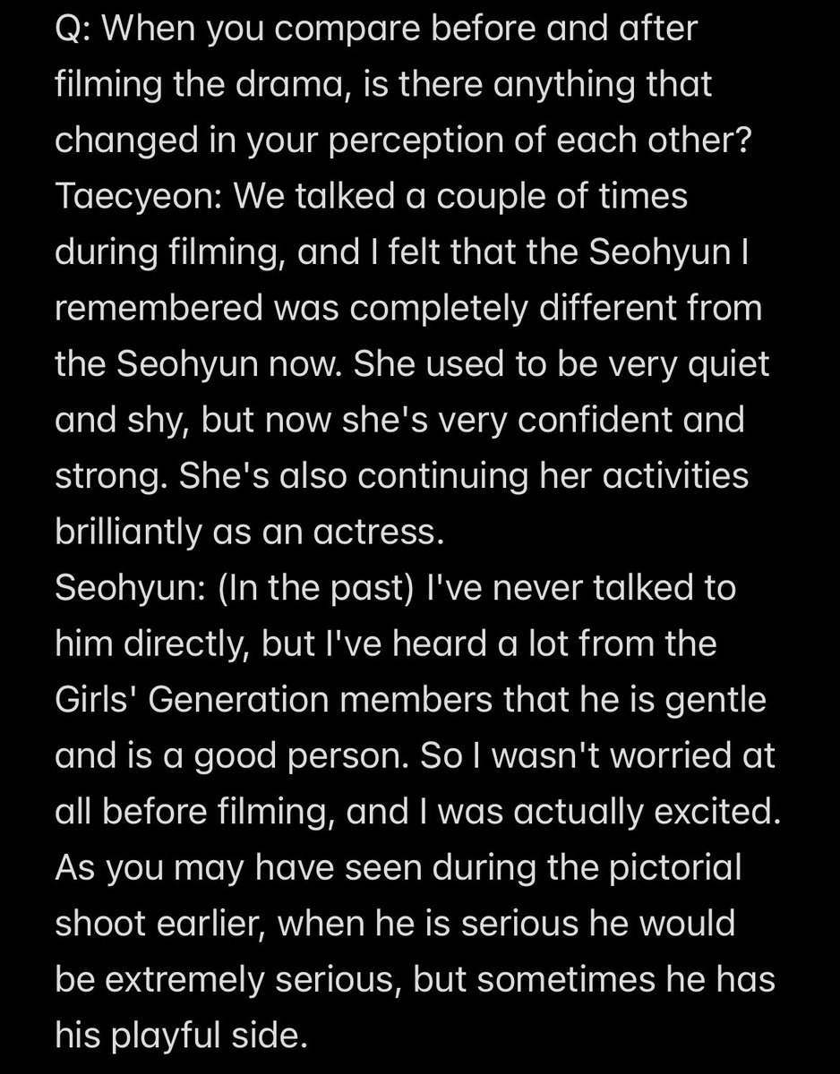 seomatefio's tweet photo. #Seohyun: (In the past) I've never talked to him directly, but I've heard a lot from the Girls' Generation members that he is gentle and is a good person. So I wasn't worried at all before filming, and I was actually excited. 
#taecyeon https://t.co/Ml6wpSGami