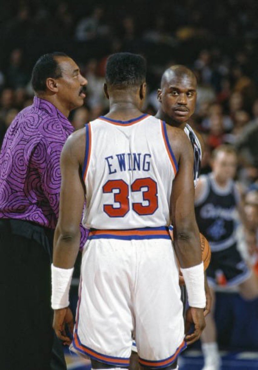 Wilt Chamberlain on court beside New York Knicks Patrick Ewing and Orlando  Magic Shaquille O'Neal during game at Madison Square Garden in 1992 ⭐️ 📸 :  Manny Millan, image size:836x1200