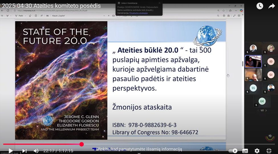📊The #StateoftheFuture 20.0 at the Lithuanian Parliament’s Future Committee

Erika Vaiginiene, #Lithuania Node, presented the report  on April 30, 2025 emphasizing the value of futures-informed policymaking.

Read &amp; watch: millennium-project.org/presentation-o…