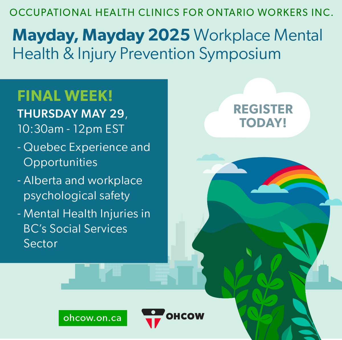 FINAL WEEK OF MAYDAY WORKPLACE MENTAL HEALTH WEBINARS! Hear experts from across Canada discussing issues in Mental Injury Prevention. REGISTER IN ADVANCE bit.ly/3YGsD9H