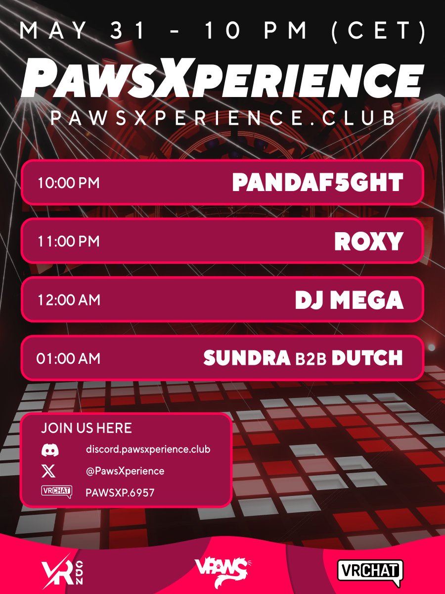 PawsXperience's tweet image. Hewoooo! Come to join us this week-end for a new party!

The instance will open 1 hours before the event starts.

Make sure to join our VRChat group to access the instance! vrc.group/PAWSXP.6957

We can’t wait to see you! #vrchat #dj #furry