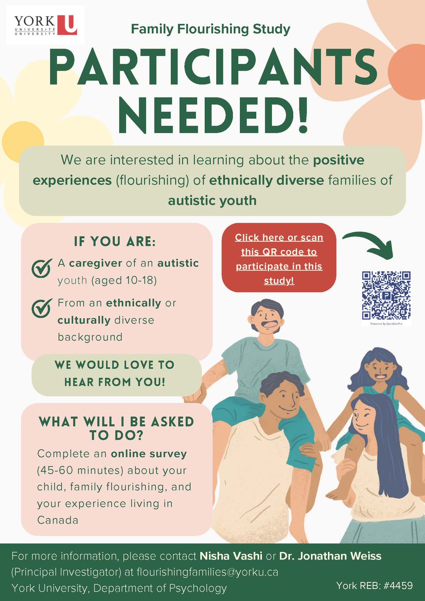 ASERTuofc's tweet photo. Participants needed! A research team at York University (led by Dr. Jonathan Weiss) is conducting an online study about the positive experiences (flourishing) of ethnically diverse families of autistic youth (aged 10-18) living in Canada.
Please see the attached. https://t.co/Zm9Hoq2O2W
