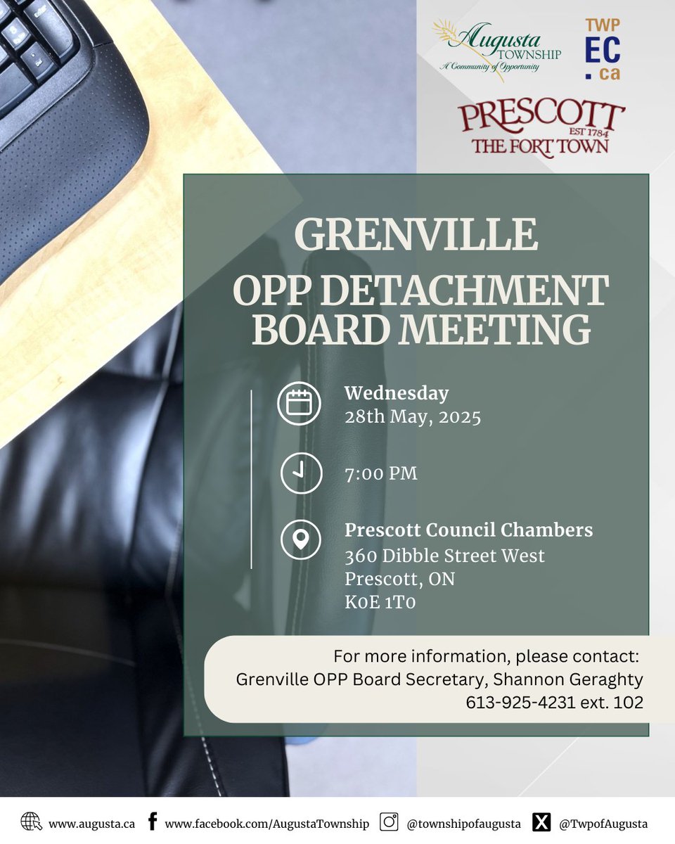 Join us for the Grenville OPP Detachment Board Meeting on May 28th at 7:00 PM! 📍 Prescott Council Chambers, 360 Dibble St W. Agenda: augusta.ca/townsh.../coun… For info, contact Shannon Geraghty at 613-925-4231 ext. 102.