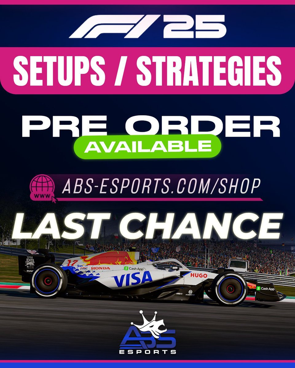 🚀 | SETUPS PRE-ORDER

Last hours to pre-order your setups and strategies for #F125 ✨️
➡️ abs-esports.com/shop/ 

Let's unlock your full potential on F1 25 👊

#ABStotheMoon