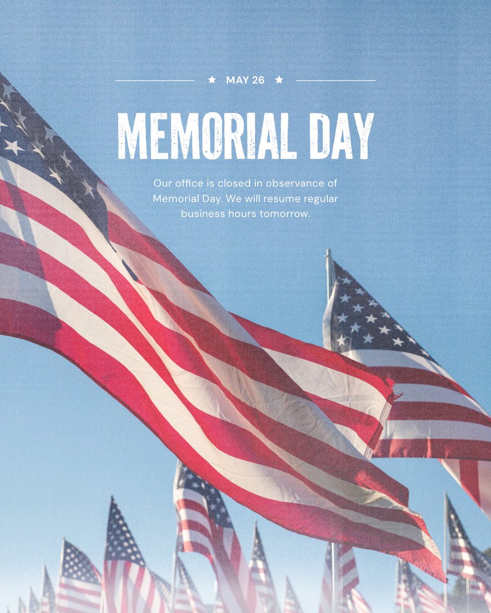 Our office is closed in observance of Memorial Day. We will resume regular business hours tomorrow.

#MemorialDay