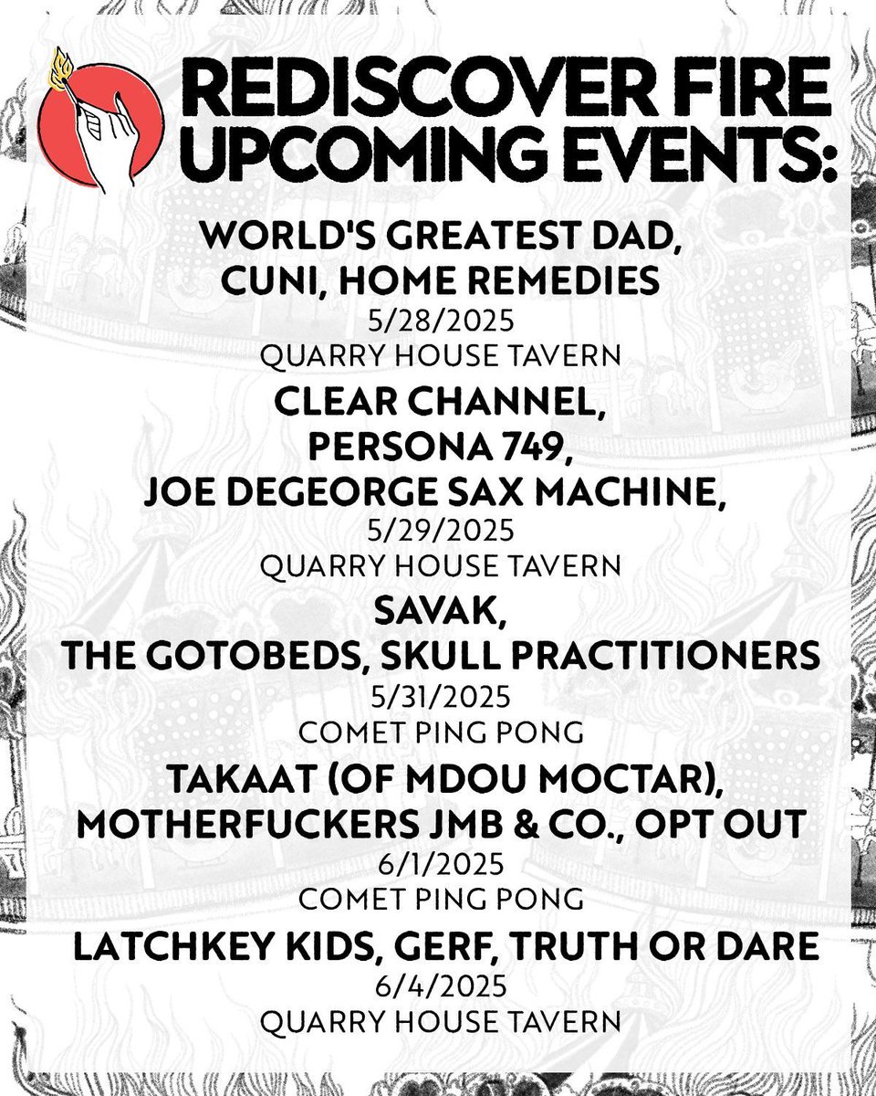 Rediscover Fire Booking (@rediscover_fire) on Twitter photo 🔥UPCOMING GIGS🔥
At <a href="/cometpingpong/">Comet Ping Pong</a> and Quarry House Tavern!
Get tickets and see our full schedule:
rediscoverfirebooking.com 🔥UPCOMING GIGS🔥
At <a href="/cometpingpong/">Comet Ping Pong</a> and Quarry House Tavern!
Get tickets and see our full schedule:
rediscoverfirebooking.com