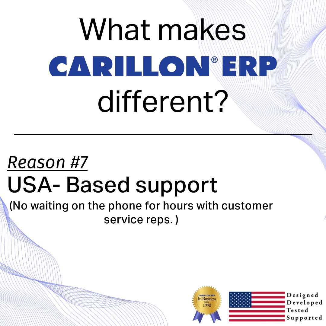 Skip the long hold times! 📞 Carillon ERP offers USA-based support, so you get fast, reliable help without the wait. 🇺🇸✨
Learn more today!!
Call Isabella at 972-454-4573
ow.ly/BBmK50Ug3FO
 #CustomerSupport #MadeInUSA #CarillonERP