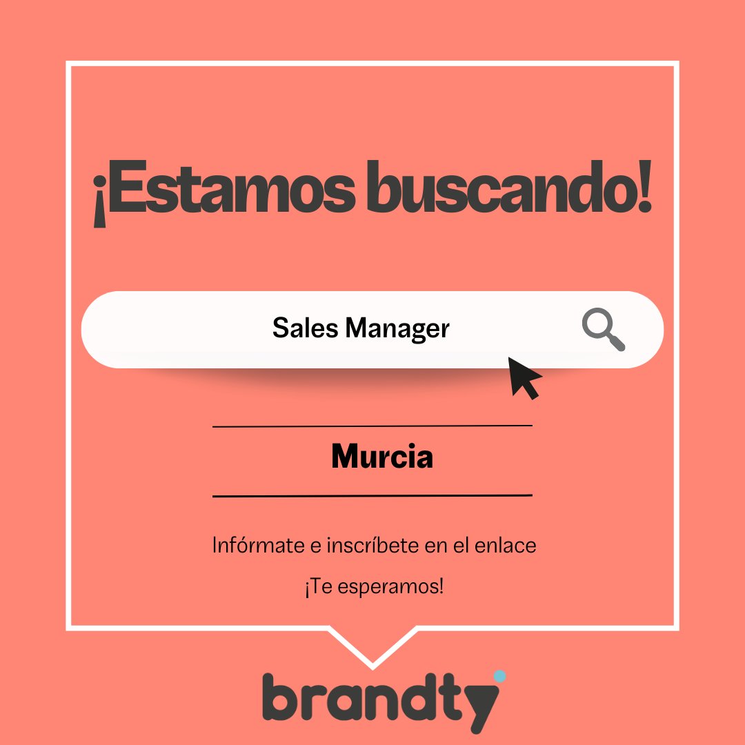 #BrandtyTime! 🚀

En #Brandty, estamos en la búsqueda de un perfil de #salesmanager para una empresa ubicada en #Murcia.

🔗 Conoce los detalles e inscríbete aquí: empleo.brandtyempleo.es/sales-manager-…

#Brandty #OportunidadLaboral #empleo #seleccionxvalores #selecciondepersonal #buscoempleo
