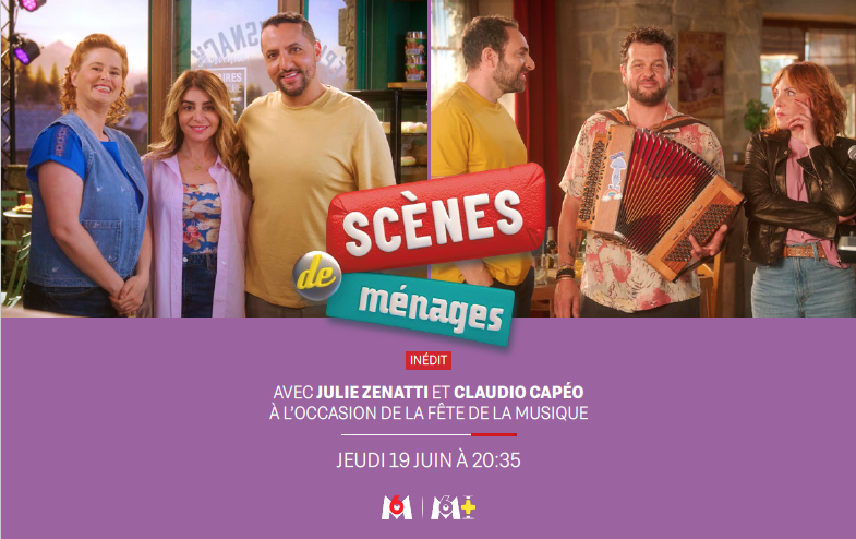annesotv's tweet photo. A l'occasion de la fête de la musique, "Scènes de Ménages" accueille Julie Zenatti &amp; Claudio Capéo !
Alice et Sofiane confondent Julie avec la serveuse qu'ils attendent en renfort. Quant à Claudio, il aurait un passé musical avec Emma. A découvrir le jeudi 19 juin sur M6 ✨🎶🎤📺 https://t.co/u4zlTqnA5J